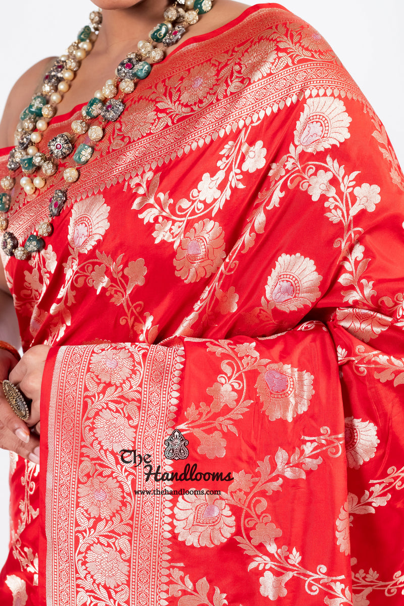 Red Pure Katan Silk Banarasi Handloom Saree - All over Sona Roopa Jaal work - The Handlooms