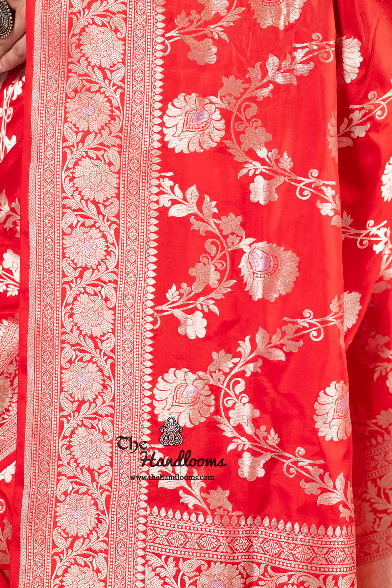 Red Pure Katan Silk Banarasi Handloom Saree - All over Sona Roopa Jaal work - The Handlooms