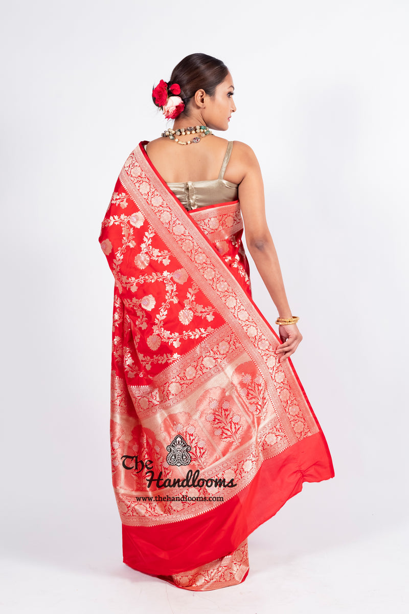 Red Pure Katan Silk Banarasi Handloom Saree - All over Sona Roopa Jaal work - The Handlooms