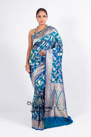 German Blue Pure Katan Silk Banarasi Handloom Saree - All over jaal work - The Handlooms
