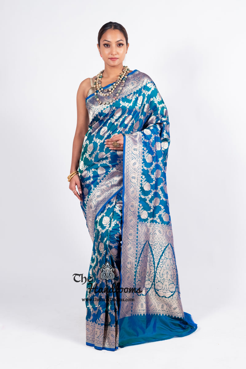 German Blue Pure Katan Silk Banarasi Handloom Saree - All over jaal work - The Handlooms