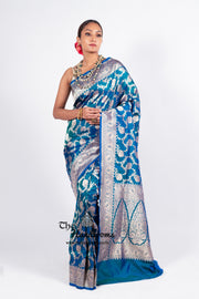 German Blue Pure Katan Silk Banarasi Handloom Saree - All over jaal work - The Handlooms