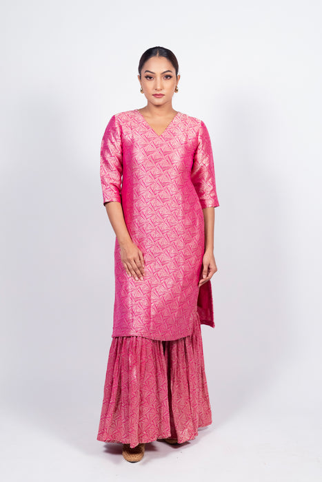 Hot Pink Pure Khaddi Georgette Brocade Kurta with Sharara