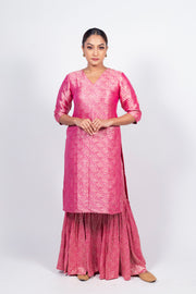 Hot Pink Pure Khaddi Georgette Brocade Kurta with Sharara - The Handlooms