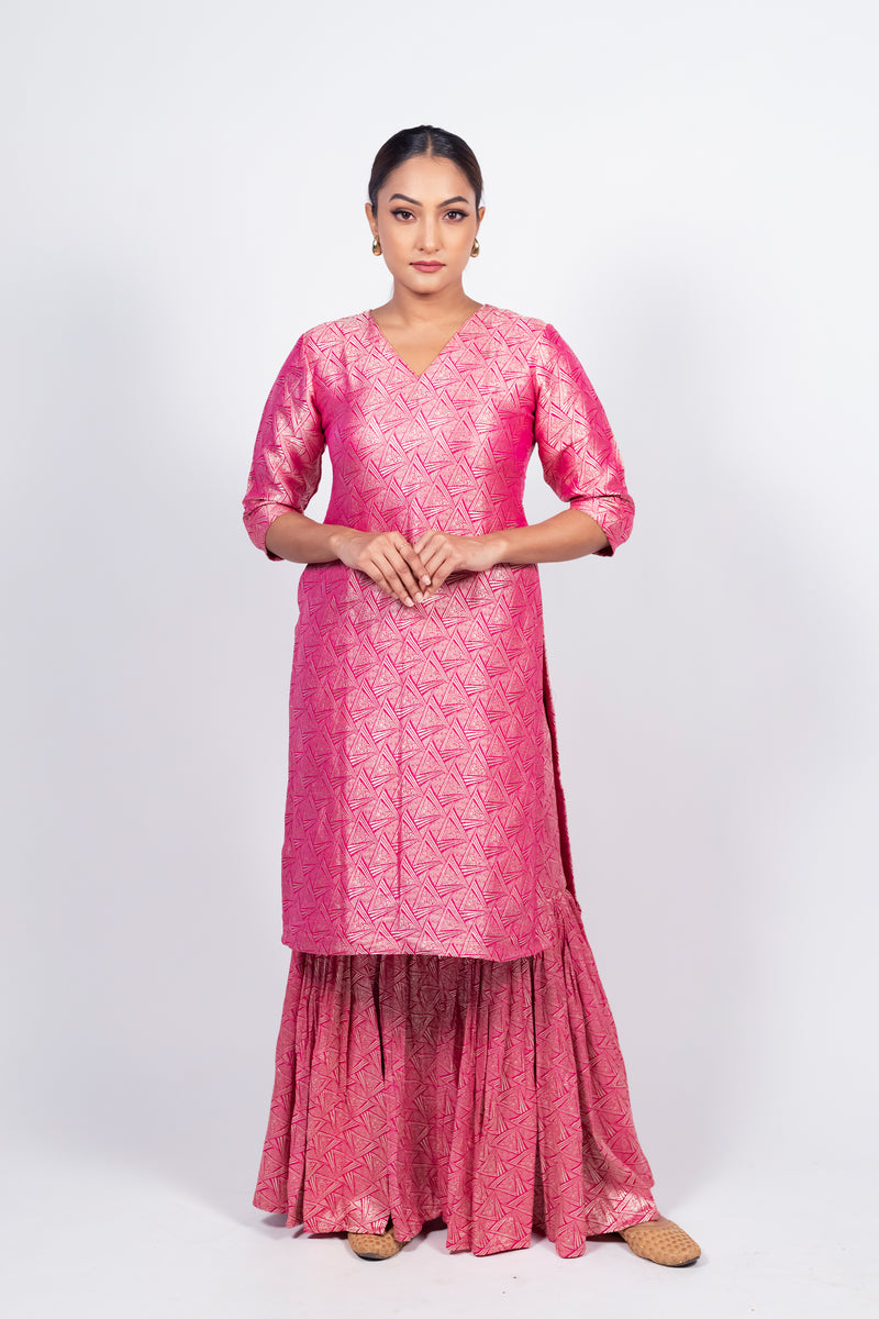 Hot Pink Pure Khaddi Georgette Brocade Kurta with Sharara - The Handlooms