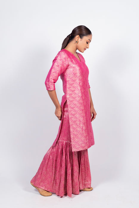 Hot Pink Pure Khaddi Georgette Brocade Kurta with Sharara