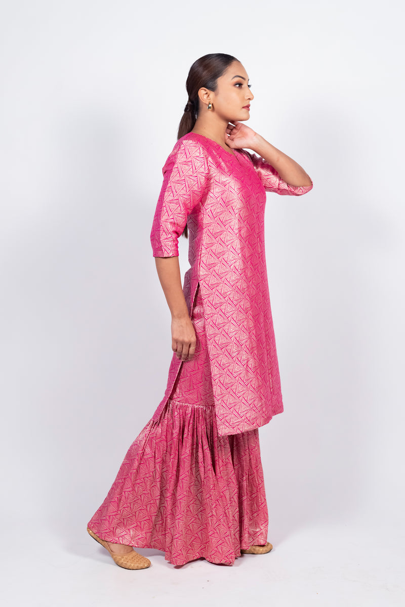 Hot Pink Pure Khaddi Georgette Brocade Kurta with Sharara - The Handlooms