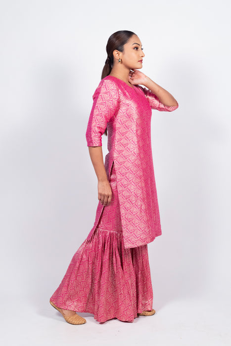 Hot Pink Pure Khaddi Georgette Brocade Kurta with Sharara