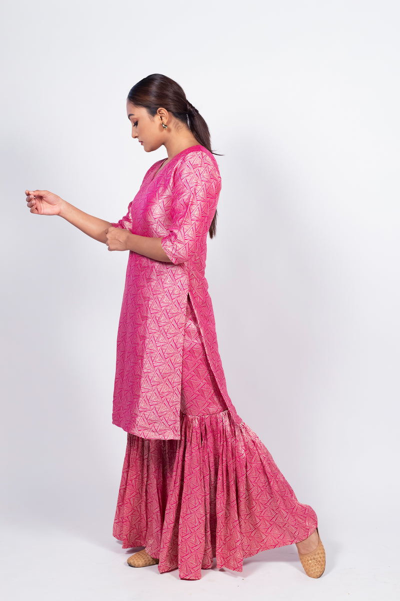 Hot Pink Pure Khaddi Georgette Brocade Kurta with Sharara - The Handlooms