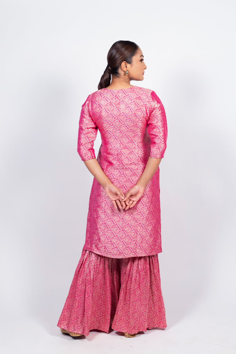Hot Pink Pure Khaddi Georgette Brocade Kurta with Sharara - The Handlooms