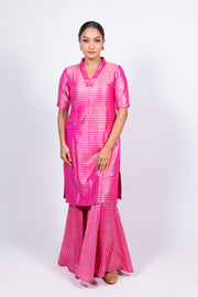 Hot Pink Pure Khaddi Georgette Brocade Kurta with Sharara - The Handlooms