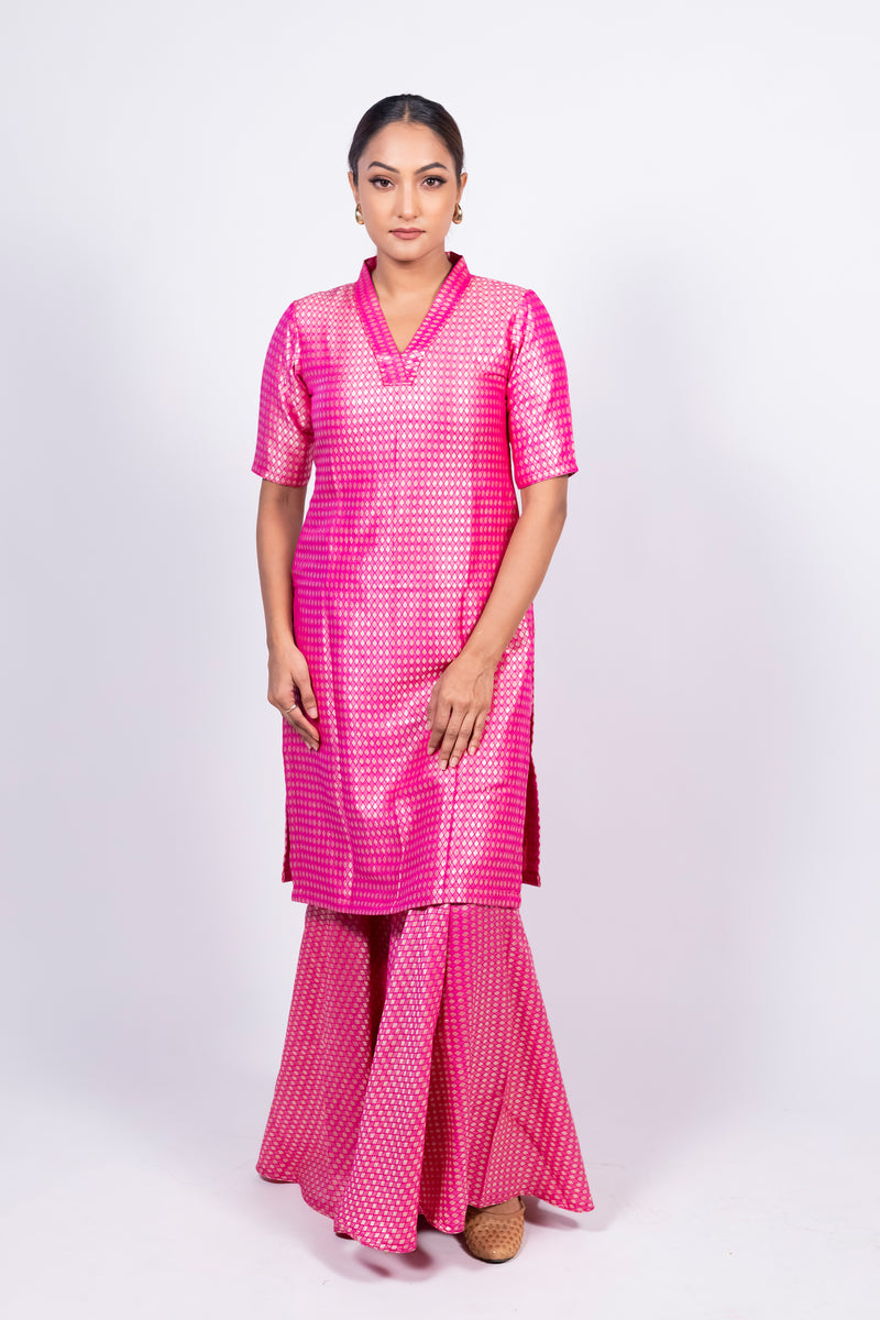 Hot Pink Pure Khaddi Georgette Brocade Kurta with Sharara - The Handlooms