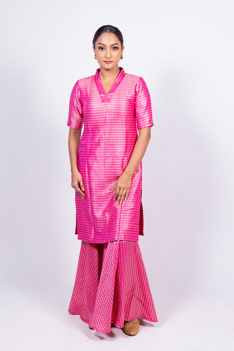 Hot Pink Pure Khaddi Georgette Brocade Kurta with Sharara