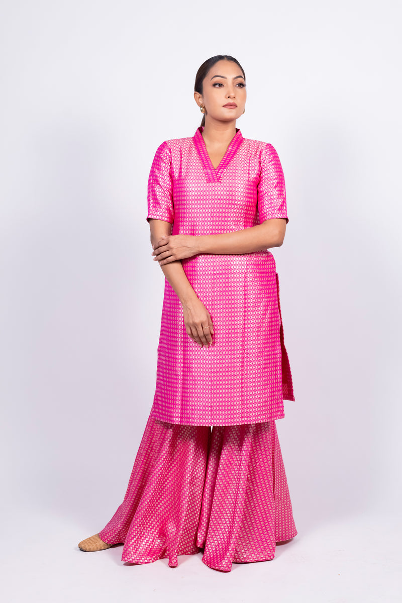 Hot Pink Pure Khaddi Georgette Brocade Kurta with Sharara - The Handlooms