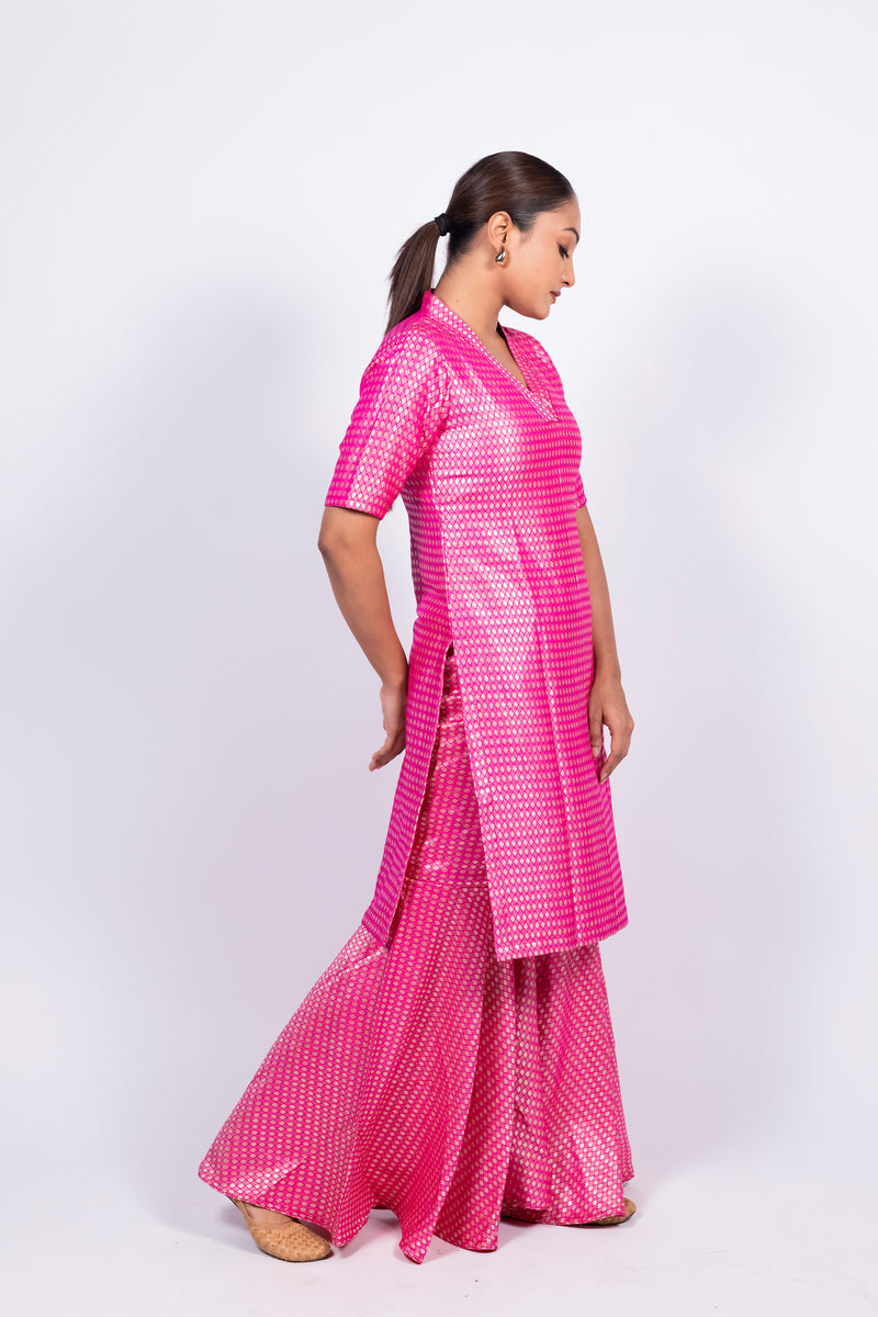 Hot Pink Pure Khaddi Georgette Brocade Kurta with Sharara - The Handlooms
