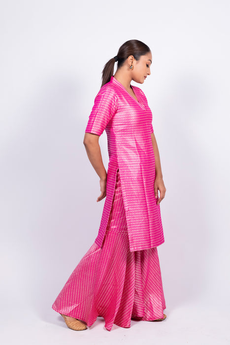 Hot Pink Pure Khaddi Georgette Brocade Kurta with Sharara