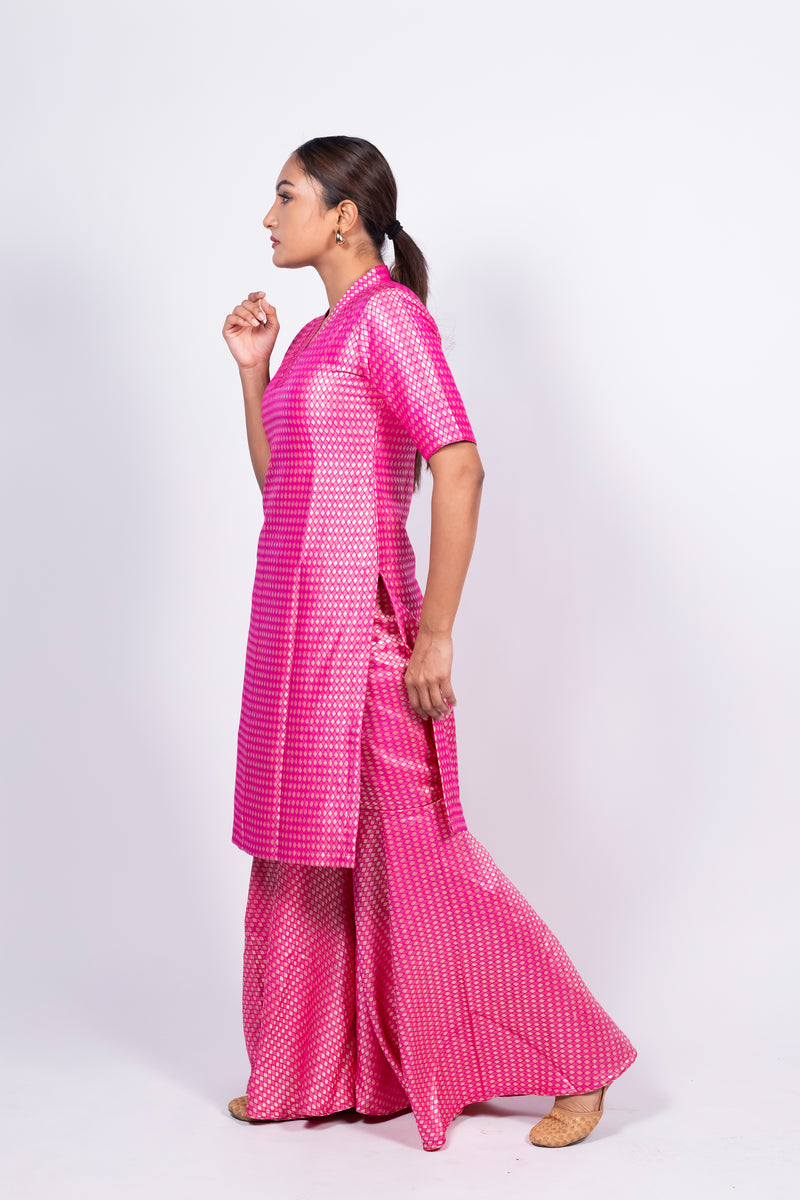 Hot Pink Pure Khaddi Georgette Brocade Kurta with Sharara - The Handlooms