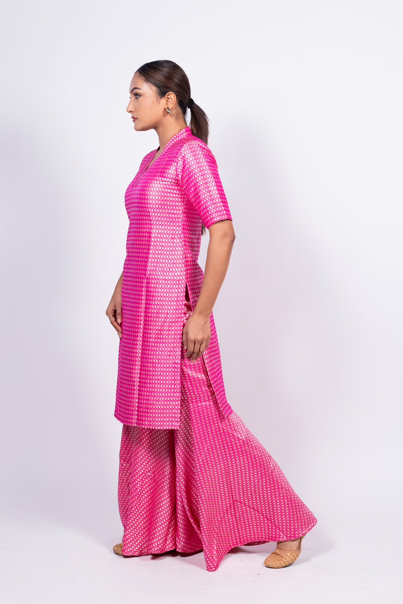 Hot Pink Pure Khaddi Georgette Brocade Kurta with Sharara - The Handlooms