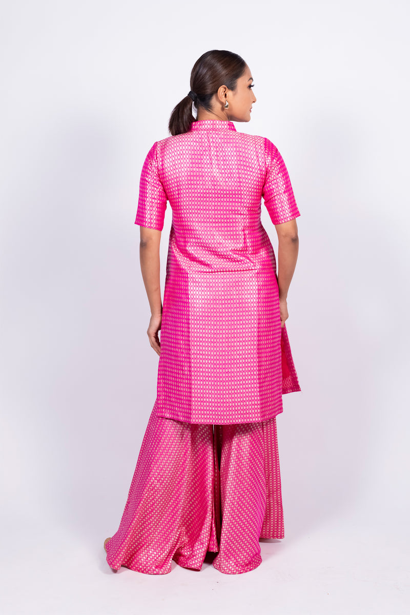 Hot Pink Pure Khaddi Georgette Brocade Kurta with Sharara - The Handlooms