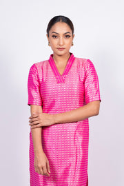Hot Pink Pure Khaddi Georgette Brocade Kurta with Sharara - The Handlooms