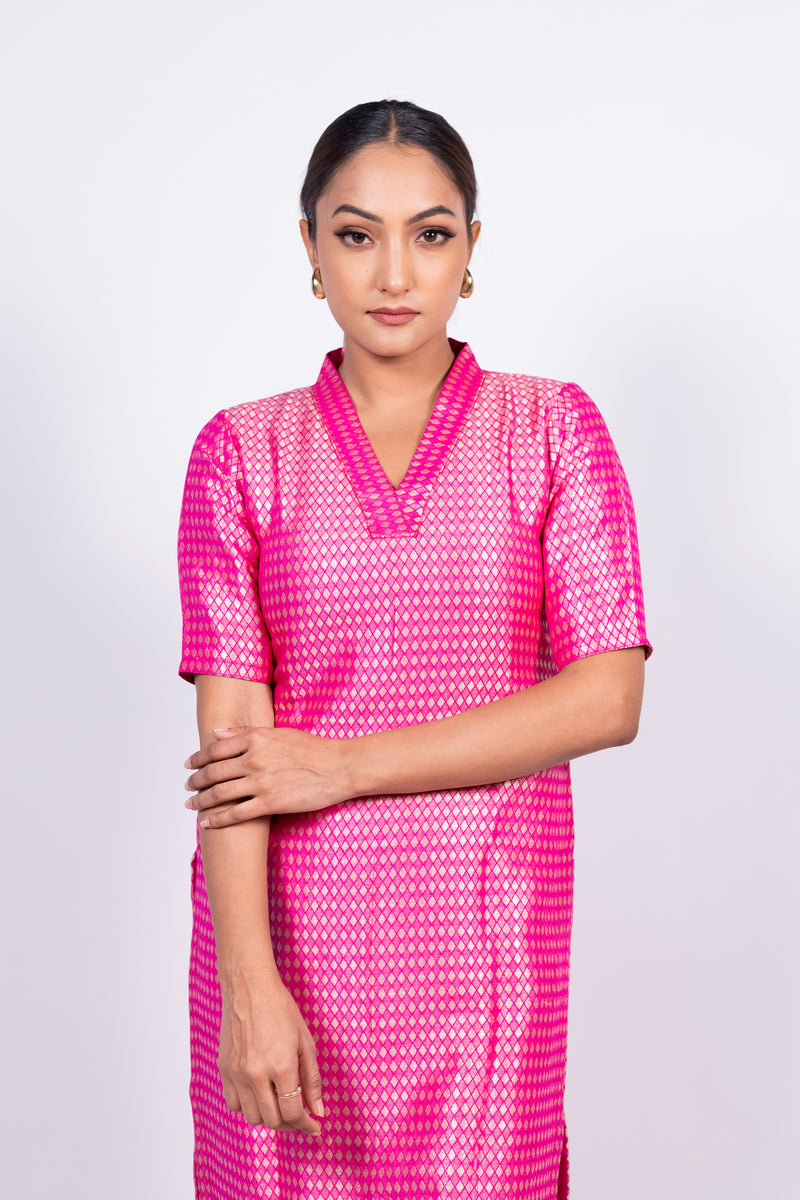 Hot Pink Pure Khaddi Georgette Brocade Kurta with Sharara - The Handlooms