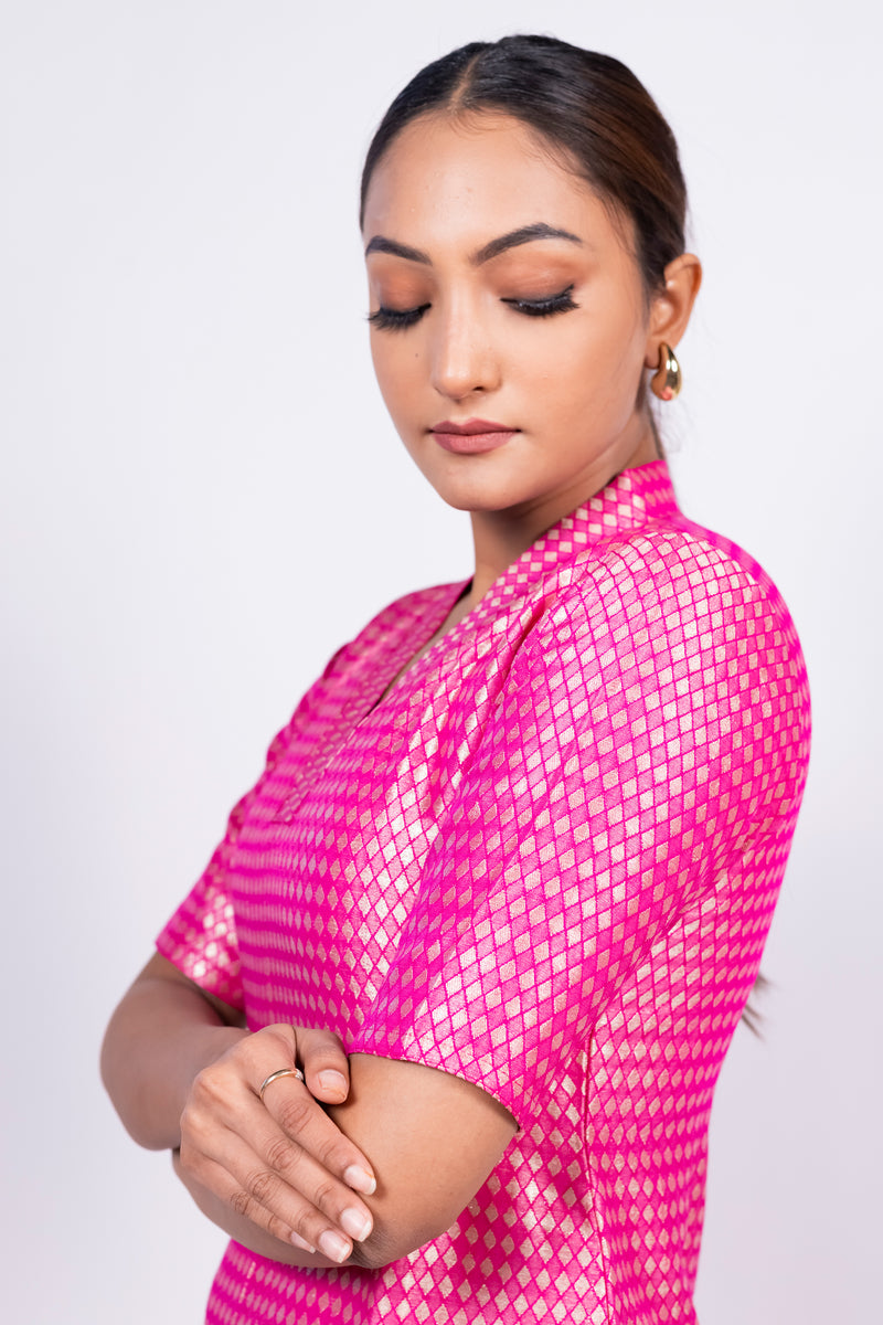 Hot Pink Pure Khaddi Georgette Brocade Kurta with Sharara - The Handlooms
