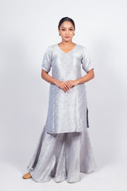 Ivory Pure Khaddi Georgette Brocade Kurta with Sharara - The Handlooms