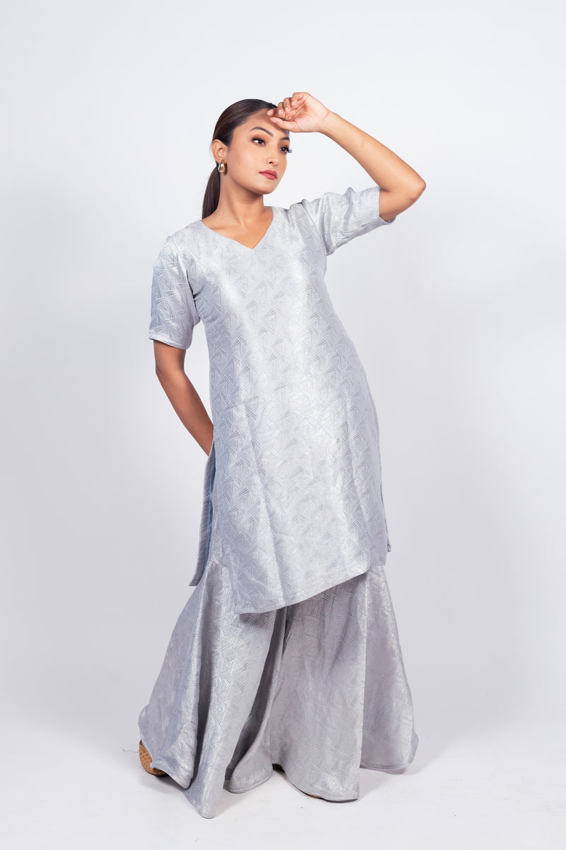 Ivory Pure Khaddi Georgette Brocade Kurta with Sharara - The Handlooms