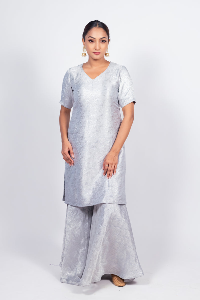 Ivory Pure Khaddi Georgette Brocade Kurta with Sharara - The Handlooms