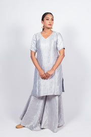 Ivory Pure Khaddi Georgette Brocade Kurta with Sharara - The Handlooms