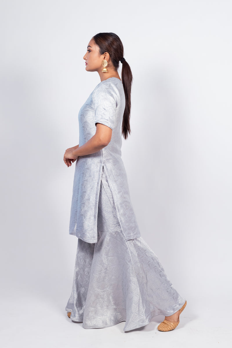 Ivory Pure Khaddi Georgette Brocade Kurta with Sharara - The Handlooms