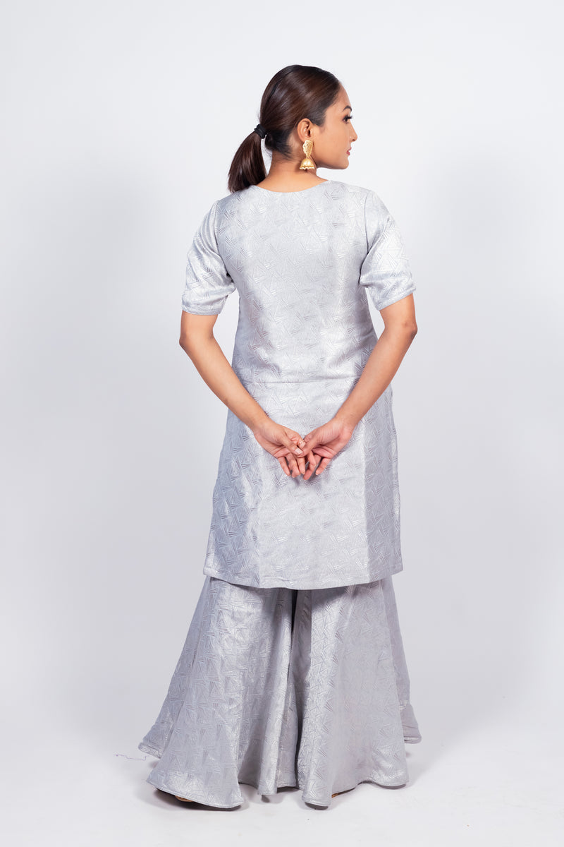 Ivory Pure Khaddi Georgette Brocade Kurta with Sharara - The Handlooms