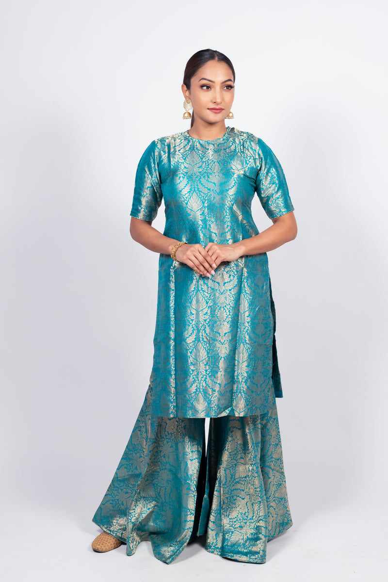 Turquoise Pure Katan Silk Brocade Kurta with Sharara - The Handlooms
