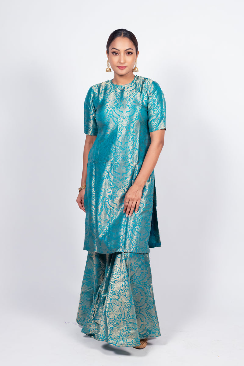Turquoise Pure Katan Silk Brocade Kurta with Sharara - The Handlooms