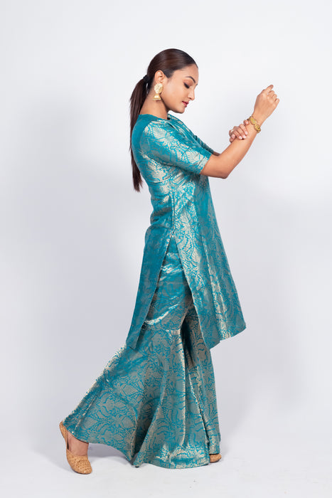 Turquoise Pure Katan Silk Brocade Kurta with Sharara