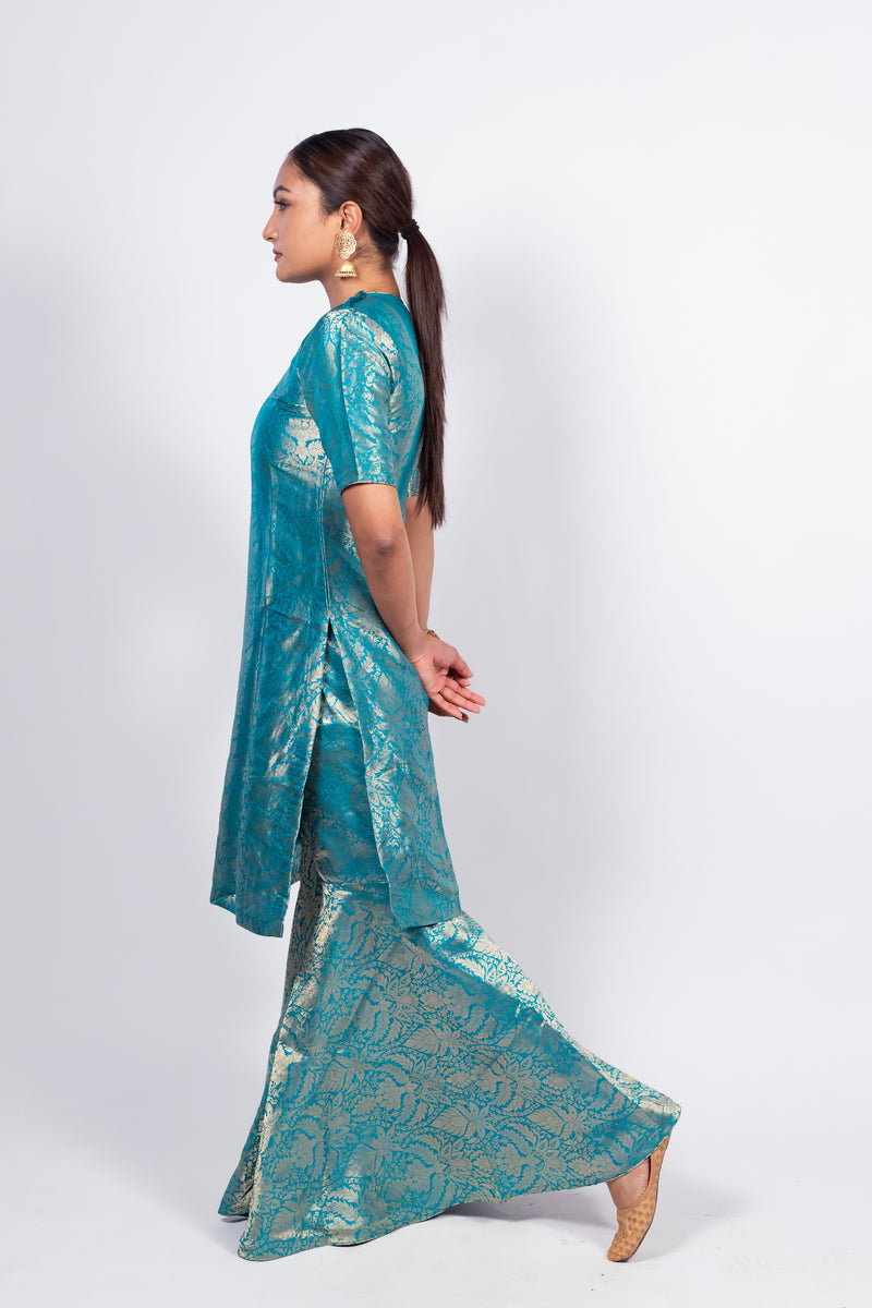 Turquoise Pure Katan Silk Brocade Kurta with Sharara - The Handlooms