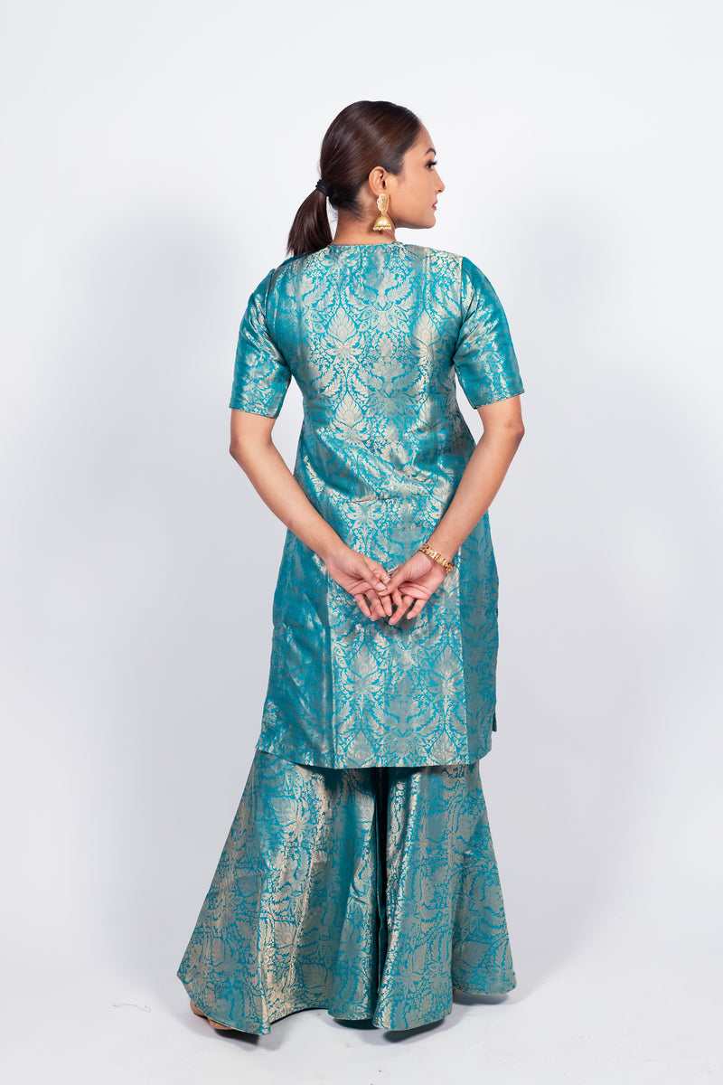 Turquoise Pure Katan Silk Brocade Kurta with Sharara - The Handlooms