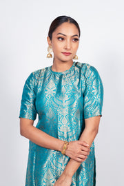Turquoise Pure Katan Silk Brocade Kurta with Sharara - The Handlooms