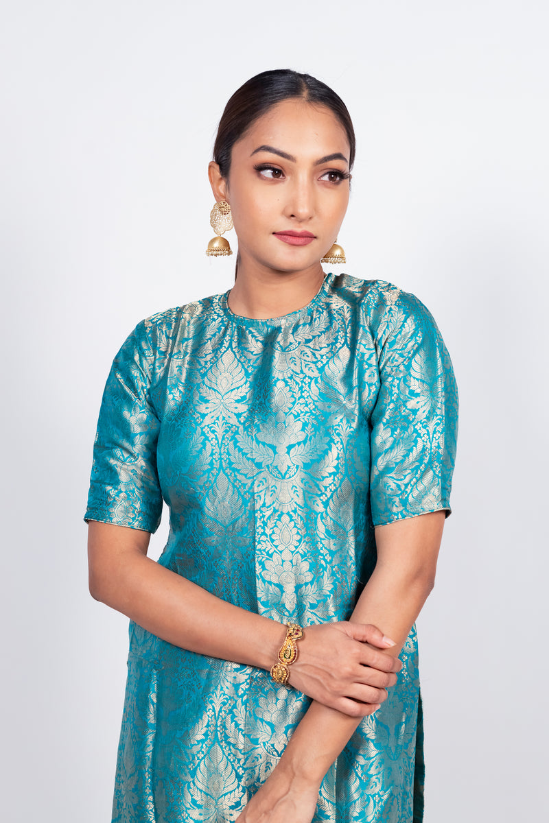 Turquoise Pure Katan Silk Brocade Kurta with Sharara - The Handlooms