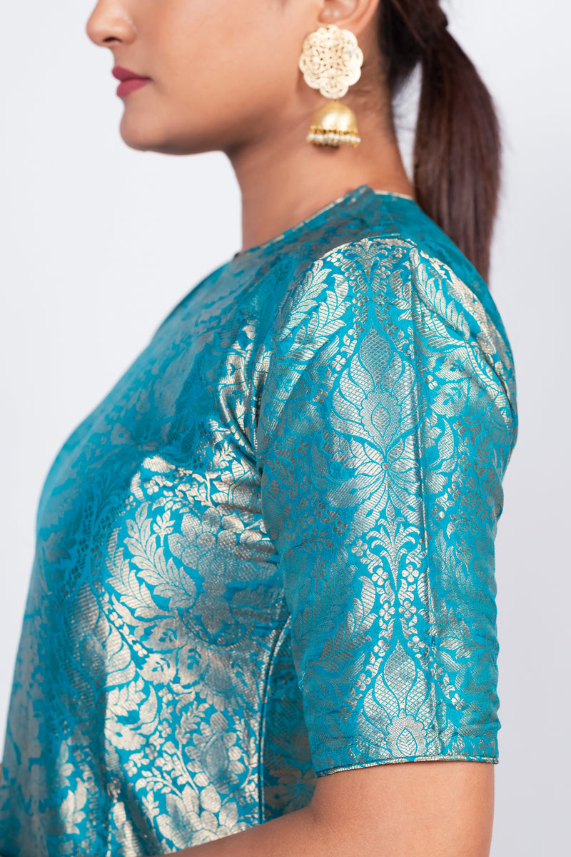 Turquoise Pure Katan Silk Brocade Kurta with Sharara - The Handlooms