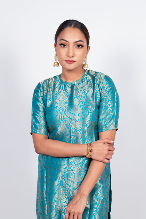 Turquoise Pure Katan Silk Brocade Kurta with Sharara