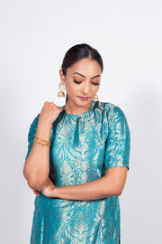 Turquoise Pure Katan Silk Brocade Kurta with Sharara - The Handlooms