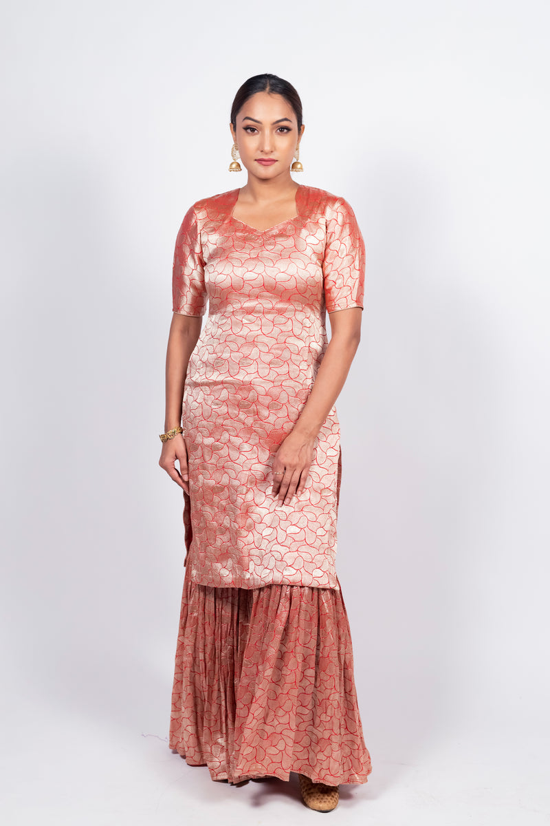 Red Pure Khaddi Georgette Brocade Kurta with Sharara - The Handlooms