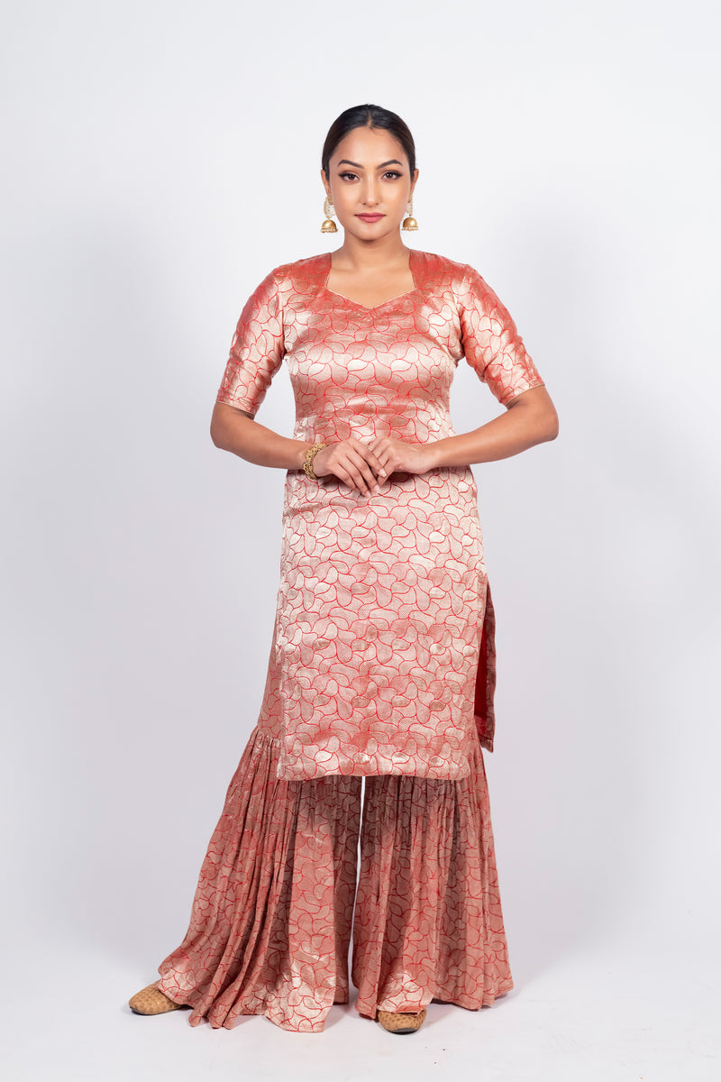 Red Pure Khaddi Georgette Brocade Kurta with Sharara - The Handlooms