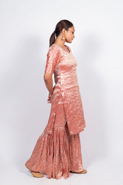 Red Pure Khaddi Georgette Brocade Kurta with Sharara - The Handlooms