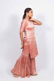 Red Pure Khaddi Georgette Brocade Kurta with Sharara - The Handlooms