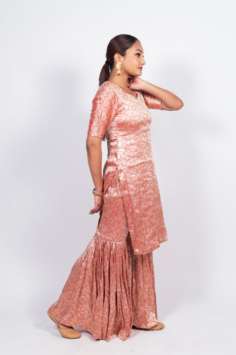 Red Pure Khaddi Georgette Brocade Kurta with Sharara - The Handlooms