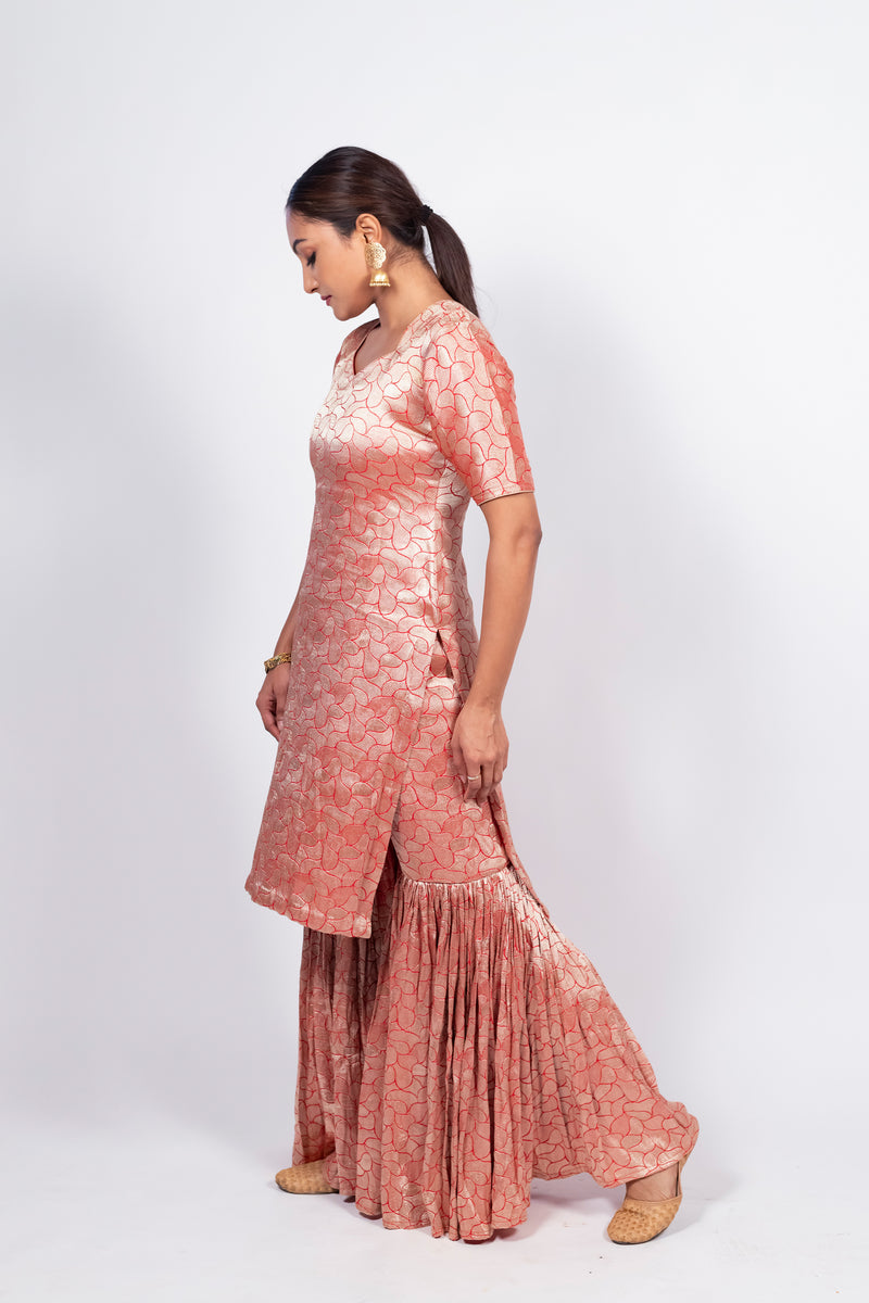 Red Pure Khaddi Georgette Brocade Kurta with Sharara - The Handlooms
