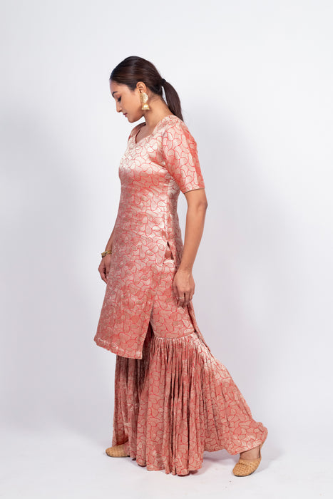 Red Pure Khaddi Georgette Brocade Kurta with Sharara