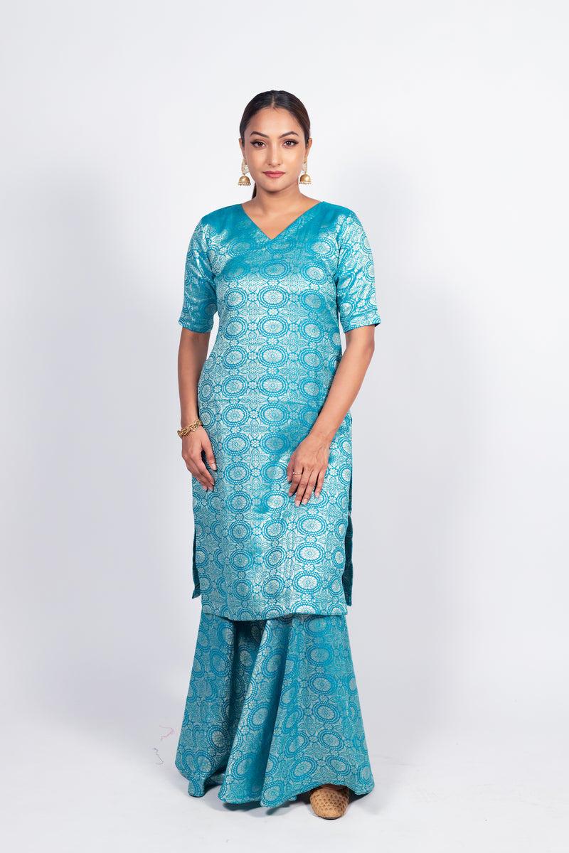 Sky Blue Pure Katan Silk Brocade Kurta with Sharara - The Handlooms